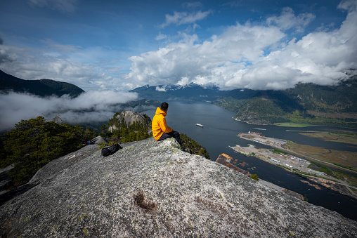 Beautiful British Columbia trail in Squamish, through forest up to viewpoints overlooking the ocean and mountain scenery.