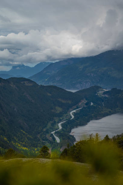 Beautiful British Columbia trail in Squamish, through forest up to viewpoints overlooking the ocean and mountain scenery.