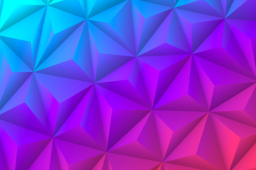 Modern and trendy abstract geometric background in a low poly style. Beautiful polygonal mosaic with a color gradient. This illustration can be used for your design, with space for your text (colors used: Turquoise, Blue, Purple, Pink, Red). Vector Illustration (EPS10, well layered and grouped), wide format (3:2). Easy to edit, manipulate, resize or colorize.