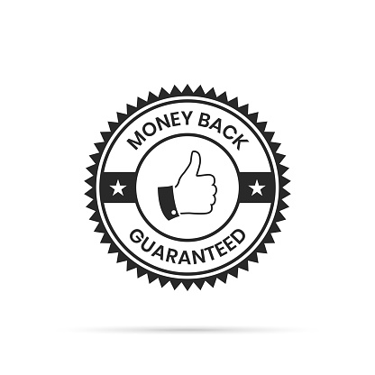 Black trendy badge (Money Back Guaranteed) with shadow, isolated on a white background. Elements for your design, with space for your text. Vector Illustration (EPS10, well layered and grouped). Easy to edit, manipulate, resize or colorize.