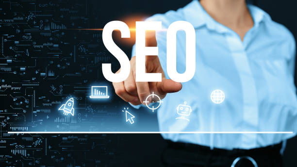 istock Concept Search Engine Optimization or SEO. Person clicks on an abstract display with text and icons. 1399069531