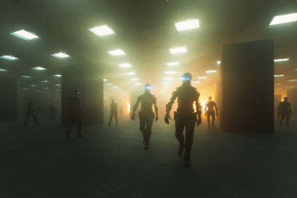 istock Spooky cyborgs walking in underground passage 1399070326