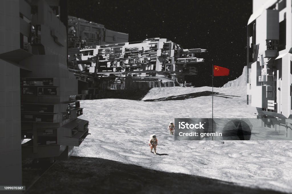 Chinese astronauts on Moon with permanent base Chinese astronauts on Moon with permanent base. This is entirely 3D generated image. Moon Surface Stock Photo