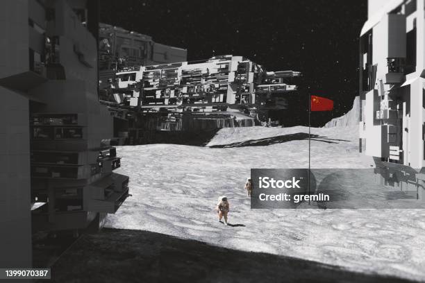 Chinese Astronauts On Moon With Permanent Base Stock Photo - Download Image Now - Moon Surface, Moon, Building - Activity