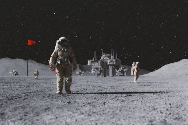 Chinese astronauts on Moon with permanent base Chinese astronauts on Moon with permanent base. This is entirely 3D generated image. military base stock pictures, royalty-free photos & images