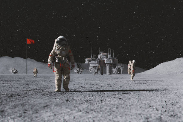 chinese astronauts on moon with permanent base - space exploration imagens e fotografias de stock