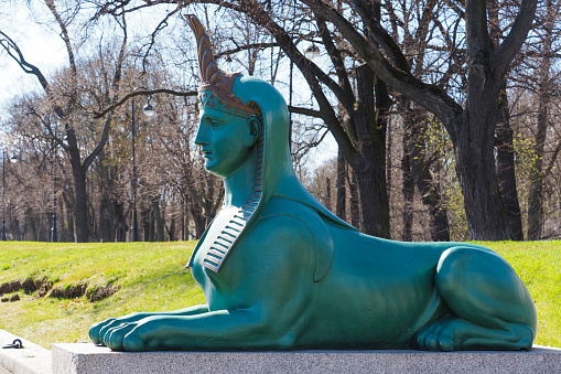 Sculpture of sphinx on the embankment of Malaya Nevka river, St. Petersburg, Russia. Author of the models on which the sphinxes were cast is the sculptor Sokolov, 1826