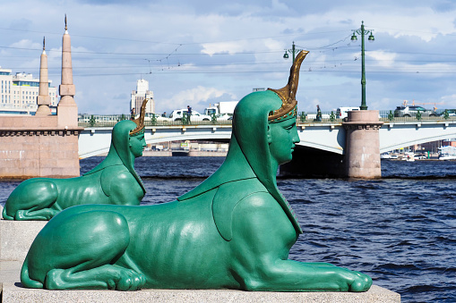 Sculptures of two sphinxes on the embankment of Malaya Nevka river, Kamennoostrovsky Bridge, St. Petersburg, Russia.  Author of the models on which the sphinxes were cast is the sculptor Sokolov, 1826