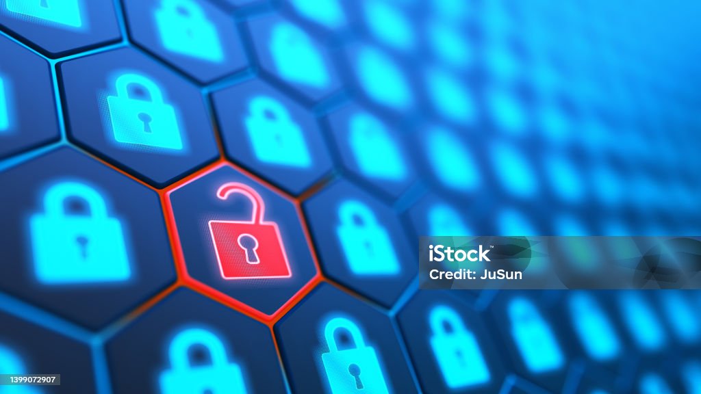 Encryption your data. Digital Lock. Hacker attack and data breach. Big data with encrypted computer code. Safe your data. Cyber internet security and privacy concept. Database storage 3d illustration Data Breach Stock Photo