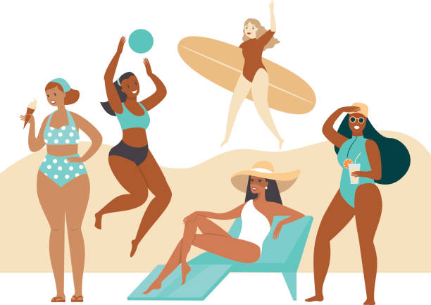 illustrazioni stock, clip art, cartoni animati e icone di tendenza di attività estive in spiaggia. gruppo multietnico di giovani ragazze. - beach surfing bikini retro revival