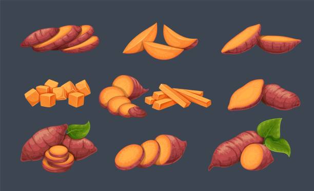 pokrój słodkie ziemniaki lub ignam. - sweet potato stock illustrations