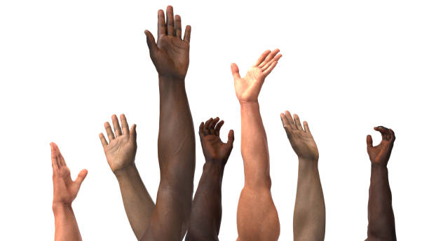 istock hands multiethnic people vote. Teamwork businesspeople diversity. Copy space render 3d 1399074696