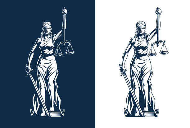 themis göttin skulptur isolierte silhouette. richterin mit waage und schwert in den händen. symbol der justiz. vektorillustration. - gerechtigkeit stock-grafiken, -clipart, -cartoons und -symbole