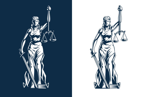 patung dewi themis mengisolasi siluet. keadilan wanita dengan sisik dan pedang di tangan. simbol peradilan. ilustrasi vektor. - neraca timbangan ilustrasi ilustrasi stok