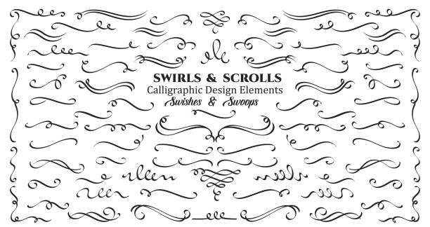 Swirls or scrolls, vintage flourishes Swirls or scrolls, vintage flourishes, stroke and curls. Swishes, swashes or swoops. Calligraphic line, wedding dividers text and calligraphy ornament ink vector design elements. making a basket scoring stock illustrations