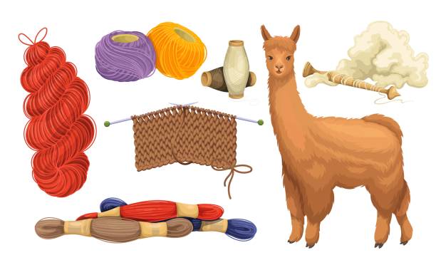 ilustraciones, imágenes clip art, dibujos animados e iconos de stock de conjunto conceptual de tejido de lana - alpaca