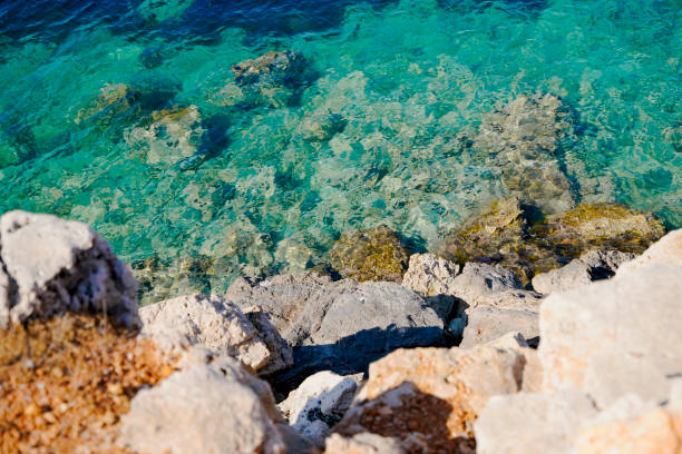 Cliffs with torquise water in greece. Beautiful rocky shore backdrop