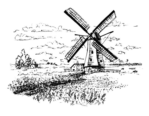 Sketch with old Wild Mill Sketch with old Wild Mill. Hand drawn illustration of Windmill. Holland landscape with village and Field for flour label netherlands windmill stock illustrations