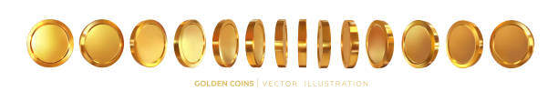 Rotating golden coins Gold coins rotating in different positions. A set of 3d money in different directions. Vector illustration coin stock illustrations