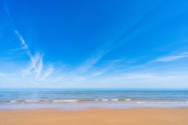 istock Seascape with bright blue sky, sandy beach and calm water 1399082460