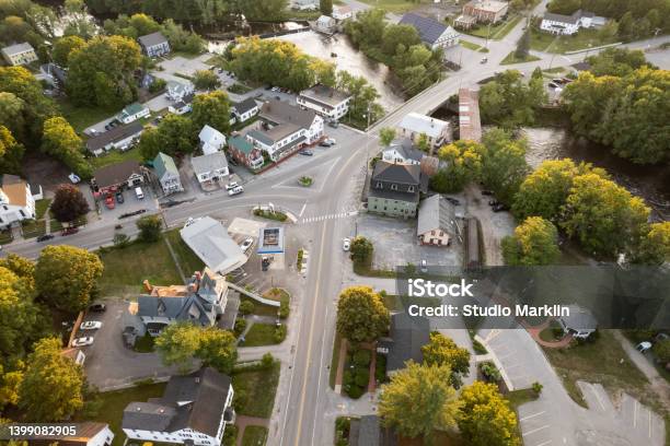 New Hampshire Aerial View Of A Small Town At Sunset Stock Photo - Download Image Now