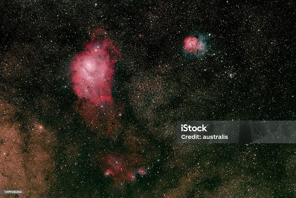 Lagoon Nebula in Sagittarius Gas clouds in the Milky Way. 45 mins (3x5min of each RGB exposures) with Takahashi FSQ-106 telescope and STL-11000 CCD camera Adventure Stock Photo
