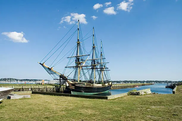 Historic ship named Three-masted Friendship anchored  in Salem harbor, Mass