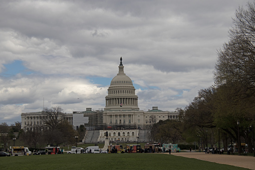 District of Columbia, April 10, 2022: Food trucks in front of US Capitol