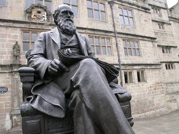 Darwin's statue and his former school which is now Shrewsbury Library