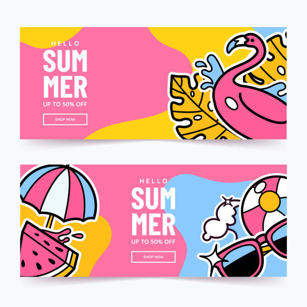 Summer Sale horizontal banner design with colorful background and decorative elements. Summer flyer concept. Ideal for website, travel promo, party invitation. Vector illustration. Summer Sale horizontal banner design with colorful background and decorative elements. Summer flyer concept. Ideal for website, travel promo, party invitation. Vector illustration. pink beach umbrella stock illustrations