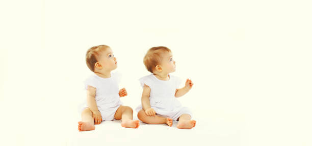 Two twin babies sitting on the floor and looking up on white background, blank copy space for advertising text stock photo