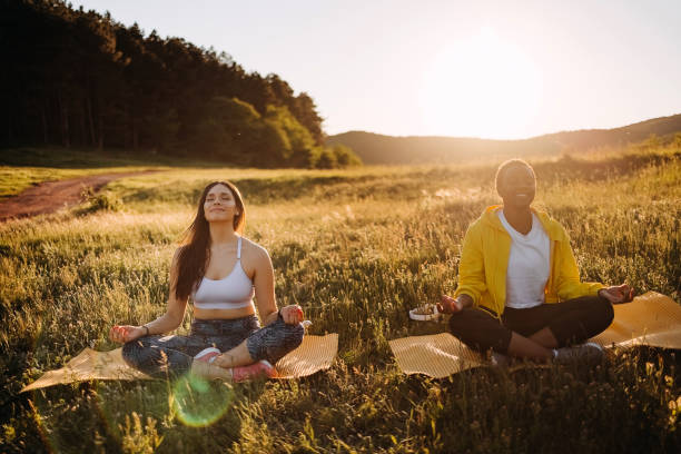 dwie kobiety praktykujące jogę w parku - yoga flexibility two people women zdjęcia i obrazy z banku zdjęć