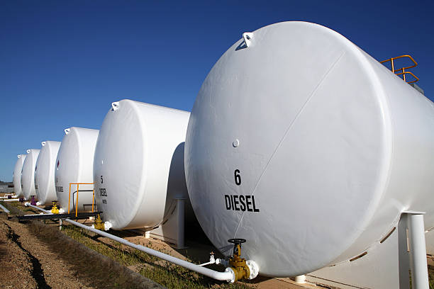 Enormous white diesel fuel tanks lined up in Houston, Texas stock photo