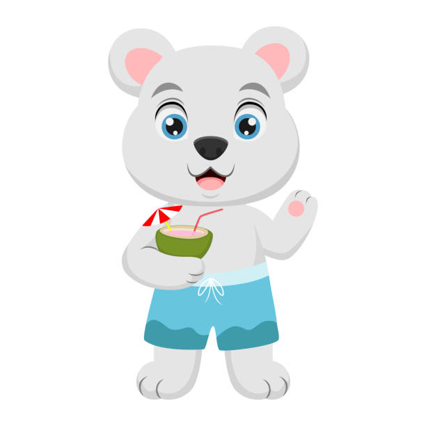 ilustrações, clipart, desenhos animados e ícones de desenho de urso bonito com água de coco bebendo - beach shorts