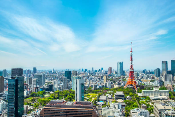 panoramablick auf den tokyo tower, wahrzeichen japans - japan tokyo tower tokyo prefecture tower stock-fotos und bilder