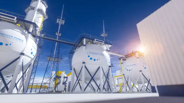 Hydrogen renewable energy production - hydrogen gas for clean electricity solar and windturbine facility. 3d rendering.