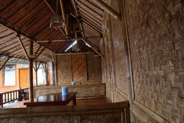 The restaurant dining room made of woven bamboo