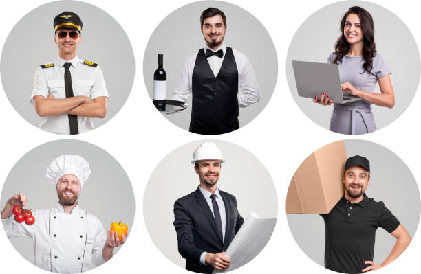 Collage of people of various professions smiling and working inside circles on gray background