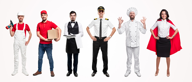 Collage of full body company of people in uniform having various occupations standing on white isolated background in studio and looking at camera