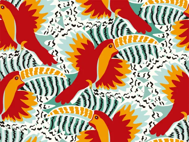 Vector illustration of Tropical pattern with cute and colorful tropical birds.