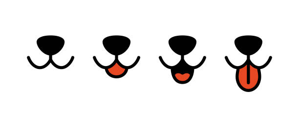 Dog face with tongue hanging out. Dog tongue, mouth and nose. Happy cat face with open mouth. Icons set. Vector illustration isolated on white background Dog face with tongue hanging out. Dog tongue, mouth and nose. Happy cat face with open mouth. Icons set. Vector illustration isolated on white background. licking nose stock illustrations