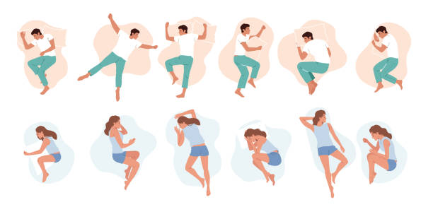 zestaw mężczyzn i kobiet śpiących póz, ludzi leżących w łóżku z widokiem z góry. nocny relaks, postacie noszą piżamę - lying in bed stock illustrations
