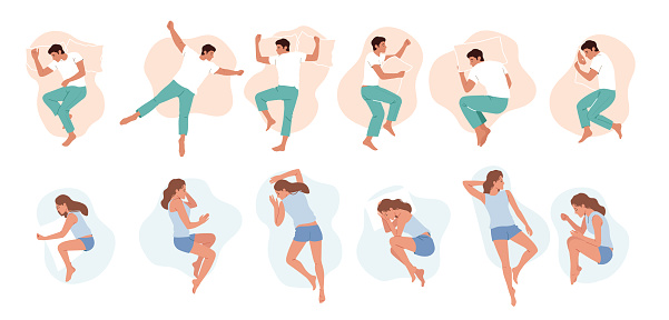 Set of Men and Women Sleeping Poses, People Lying in Bed Top View. Nighttime Relaxation, Characters Wear Pajama Sleep with Pillow Isolated on White Background. Cartoon Vector Illustration