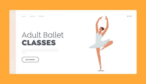 Vector illustration of Adult Ballet Classes Landing Page Template. Girl Training in Ballet School. Happy Young Woman in Tutu and Pointe Shoes