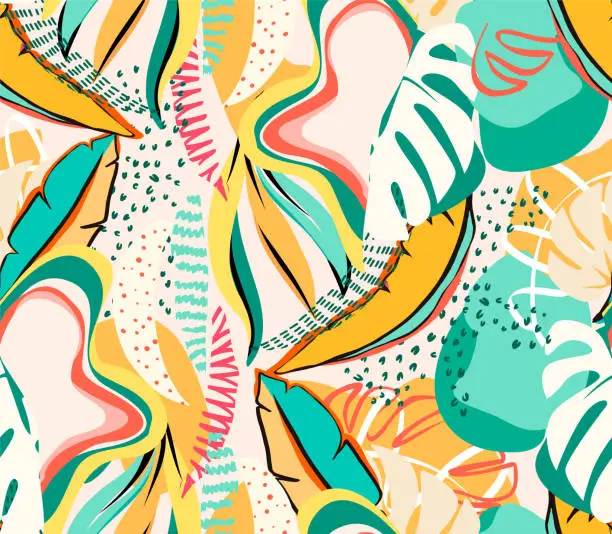 Vector illustration of Tropical pattern with multicolored hand drawn leaves pattern.