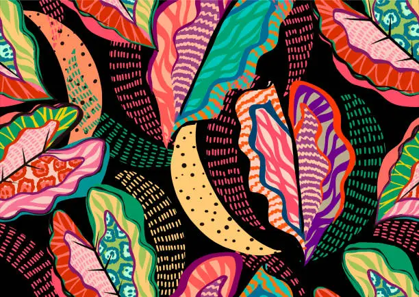 Vector illustration of Pattern of a tropical artwork, with multicolored hand drawn elements with dark background.