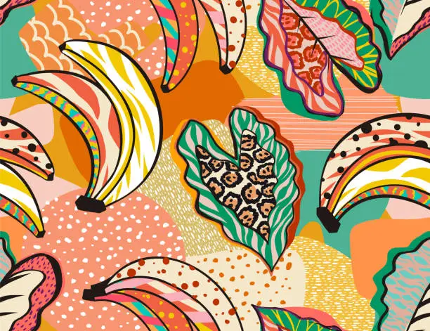 Vector illustration of Pattern of a tropical artwork, with multicolored hand drawn elements .