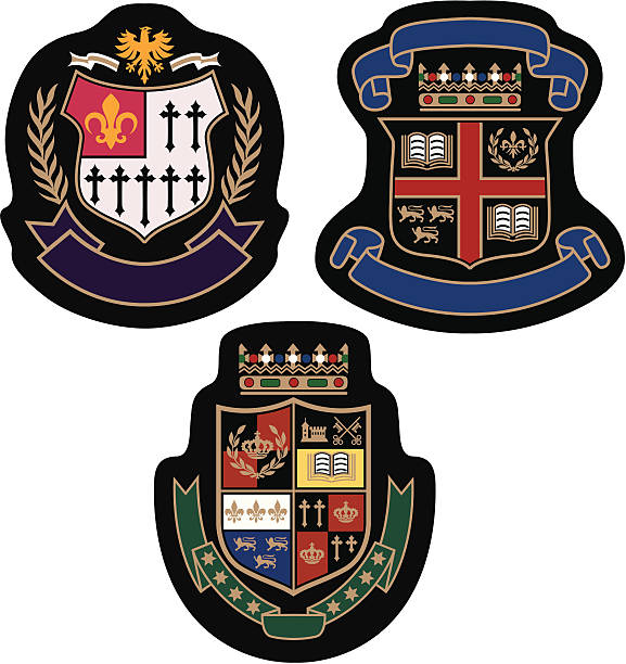 ilustraciones, imágenes clip art, dibujos animados e iconos de stock de emblema de college tarjeta - coat of arms