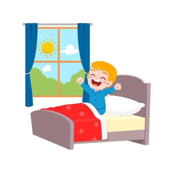 Vector illustration of little kid wake up in the morning