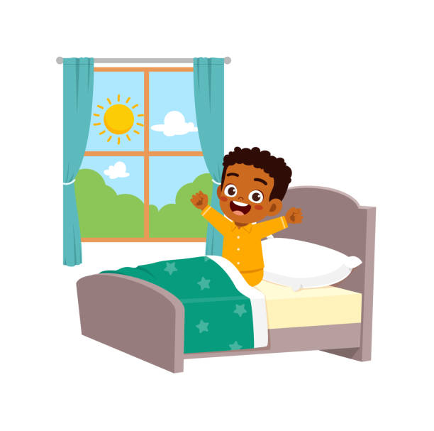 kleines kind wacht morgens auf - bed pillow doodle bedroom stock-grafiken, -clipart, -cartoons und -symbole